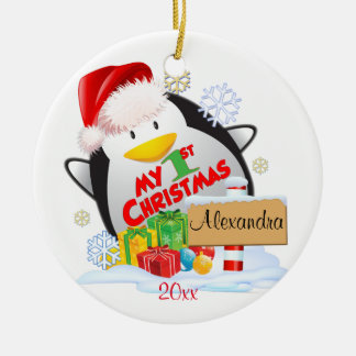 Adorno De Cerámica Primer personalizado del pingüino del navidad del