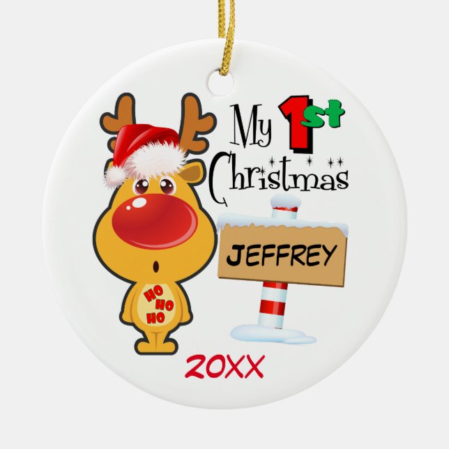 Adorno De Cerámica Primer personalizado del reno del navidad del bebé (Frente)