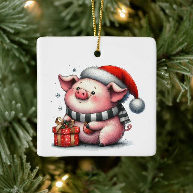 Adorno De Cerámica Primer plato de Navidad Whimsical Piggy Personaliz (Árbol)