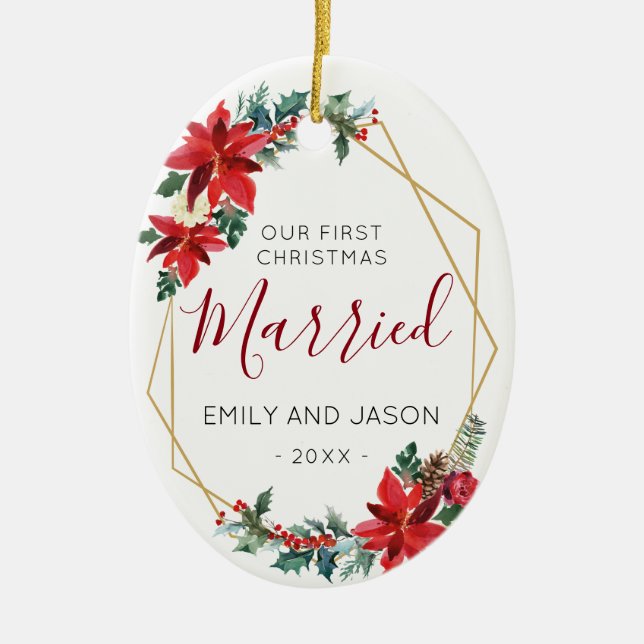 Adorno De Cerámica Primer Poinsettia rojo casado de Chrismas elegante (Frente)