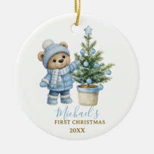 Adorno De Cerámica Primer regalo de Navidad de Osito Bebé Azul
