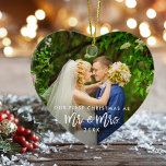 Adorno De Cerámica Primer Sr. Navidad & Mrs Photo Brush Script<br><div class="desc">Pincel moderno guión de nuestra primera Navidad como Sr. Ornamento fotográfico de la Sra. Boda - Fotos frontal y posterior</div>
