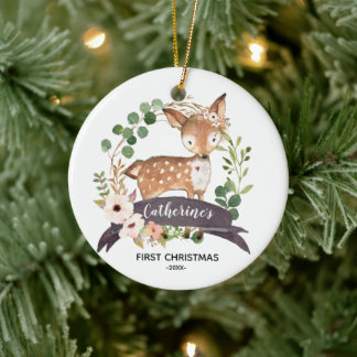 Adorno De Cerámica Primera bebé navideña personalizada Woodland