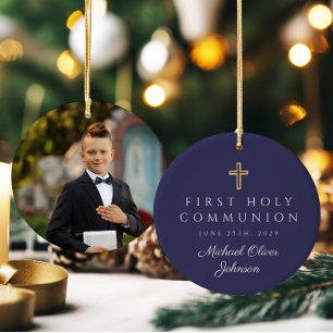 Adorno De Cerámica Primera comunión de Blue Religious Cross Boy