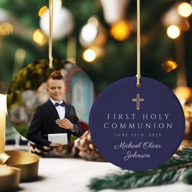 Adorno De Cerámica Primera comunión de Blue Religious Cross Boy (Photo Blue Religious Cross Boy First Communion Ceramic Ornament)