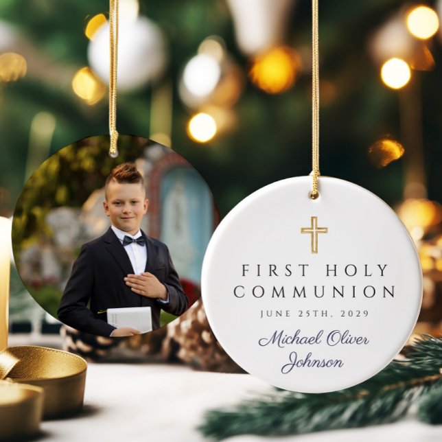 Adorno De Cerámica Primera comunión de Blue Religious Cross Boy (Photo Blue Religious Cross Boy First Communion Ceramic Ornament)