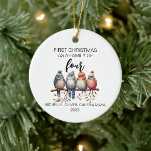 Adorno De Cerámica Primera familia de cuatro pájaros en Navidad