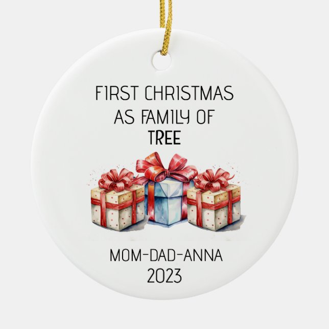 Adorno De Cerámica Primera familia navideña de árboles presentes (Frente)