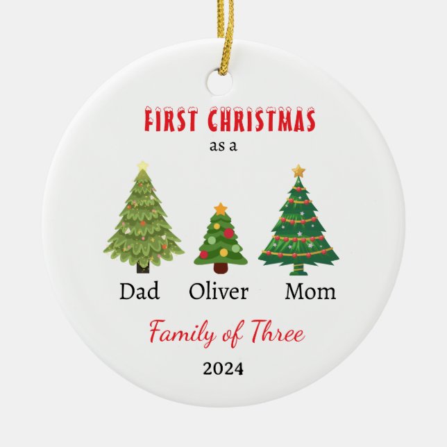 Adorno De Cerámica Primera familia navideña de tres Photo Keepsake (Frente)