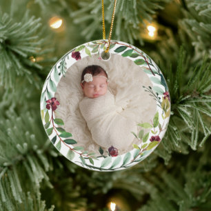 Adorno De Cerámica Primera fiesta verde navideña Wreath Baby Photo