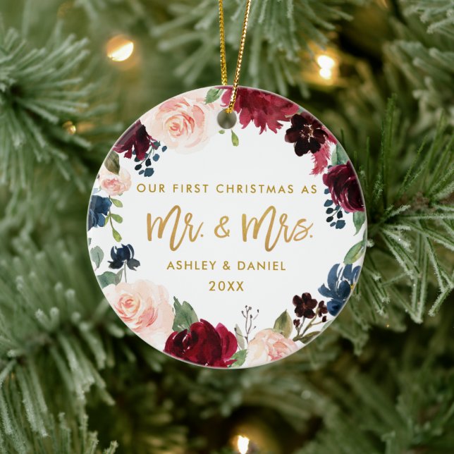 Adorno De Cerámica Primera flor acuarela Gold Script navideña (Árbol)