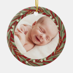Adorno De Cerámica Primera floral navideña Wreath Photo Baby