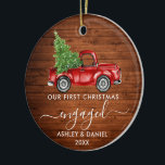 Adorno De Cerámica Primera FOTO de Camión de Navidad<br><div class="desc">Moderna caligrafía de moda Guión Nuestro primer ornamento de Navidad comprometido incluye Watercolor Vintage Rojo Camión con Árbol de Navidad - Impresión de madera rústica. Foto de vuelta.</div>