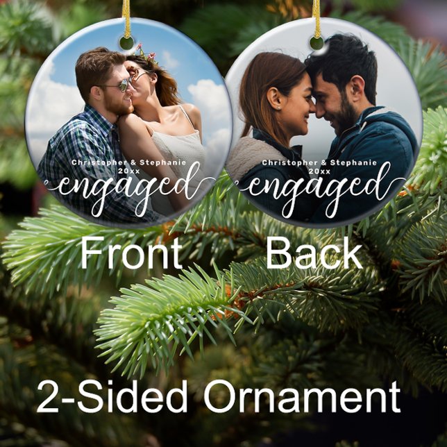 Adorno De Cerámica Primera foto de doble cara de Navidad implicada (custom photo engagement christmas ornament engaged personalized gift for fiancee)