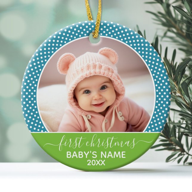 Adorno De Cerámica Primera foto de Navidad del bebé - Blue Lime (Personalized Photo Ornament - Baby's First Christmas)