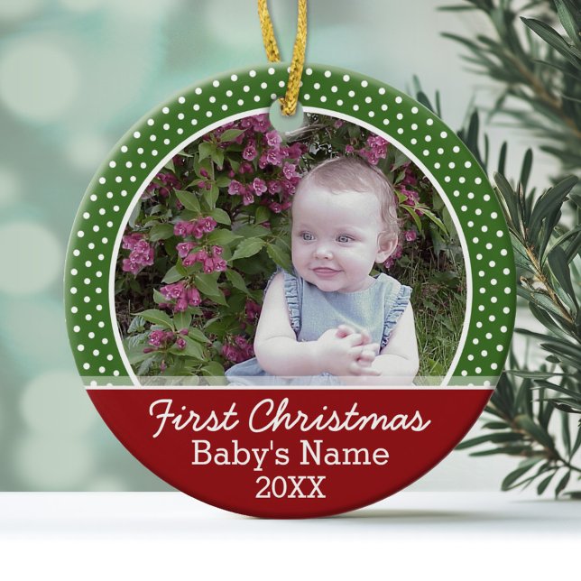 Adorno De Cerámica Primera foto de Navidad del bebé - Doble cara (Personalized Photo Ornament - First Christmas)