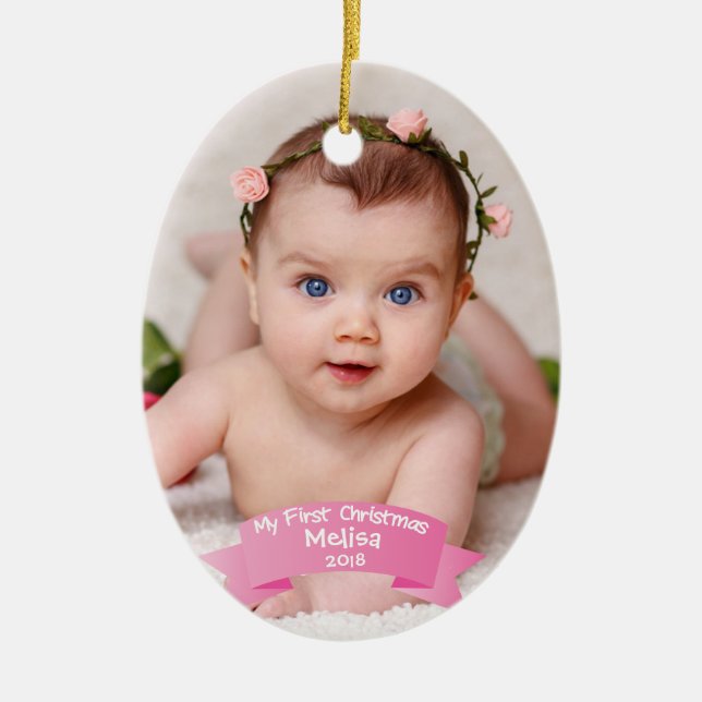 Adorno De Cerámica Primera foto del navidad de la niña (Frente)