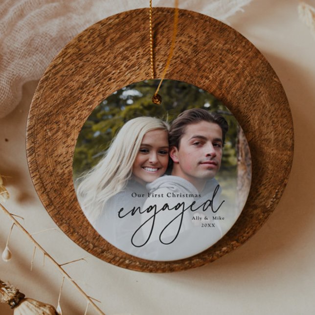 Adorno De Cerámica Primera foto manuscrita de Navidad comprometida (Elegant black script first christmas engaged 2 photo christmas tree holiday ornament.)