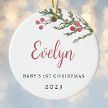 Adorno De Cerámica Primera foto navideña de Berry Branch Baby<br><div class="desc">El primer ornamento navideño de bebé diseñado por un personalizado que presenta una rústica rama de berry roja acuarela con nombre personalizado,  año y foto.</div>