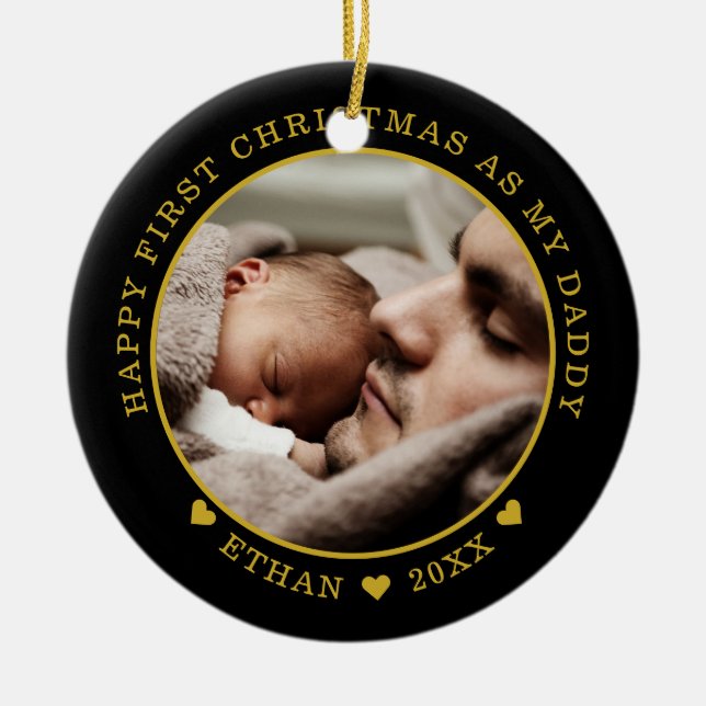 Adorno De Cerámica Primera foto navideña de papá y bebé personalizado (Frente)