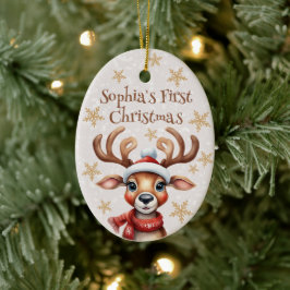 Adorno De Cerámica Primera foto navideña del bebé reno acuarela