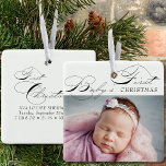 Adorno De Cerámica Primera fotografía navideña del bebé caligrafía el<br><div class="desc">Ornamento de fotos de la primera Navidad del bebé que puedes personalizar con tu foto favorita y la frase del personalizado en la parte de atrás. Elegante diseño tipográfico escrito con la Primera Navidad del Bebé en caligrafía rápida e impresión clásica.</div>