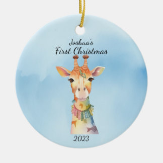 Adorno De Cerámica Primera jirafa de navidad del bebé azul personaliz