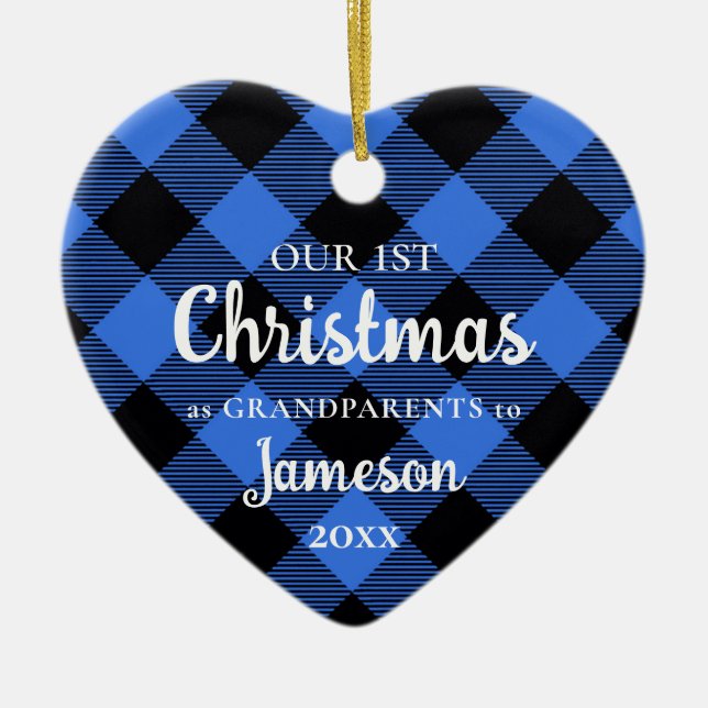 Adorno De Cerámica Primera Navidad: Abuelos, foto del corazón azul (Frente)