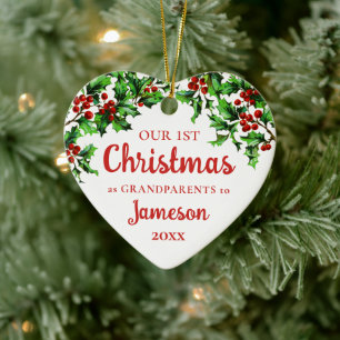 Adorno De Cerámica Primera Navidad: Abuelos Holly Heart Photo