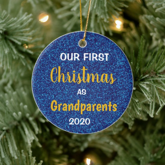 Adorno De Cerámica Primera Navidad: Abuelos, Purpurina azul. (Árbol)