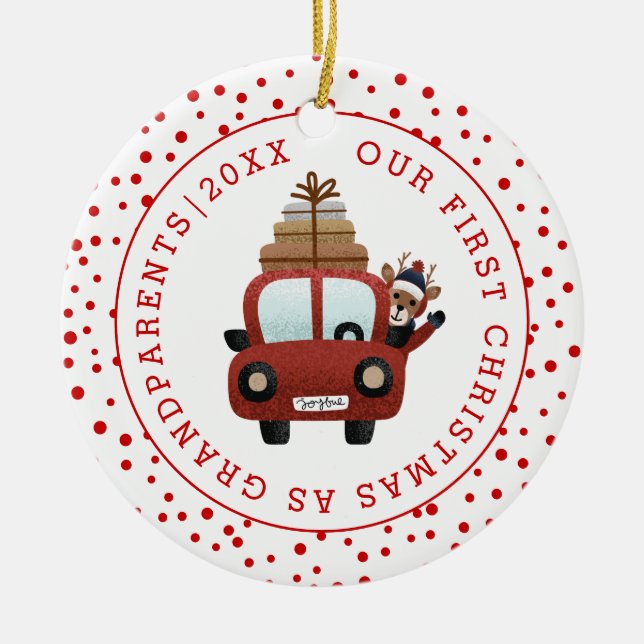 Adorno De Cerámica Primera Navidad: auto de los abuelos y foto roja (Frente)