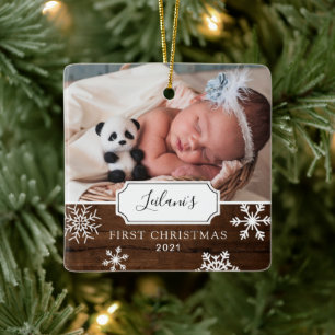 Adorno De Cerámica Primera Navidad Baby Photo Snow Wood