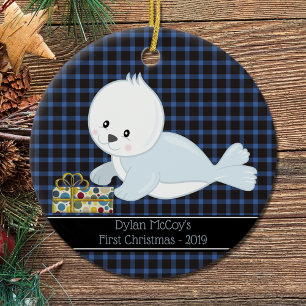 Adorno De Cerámica Primera Navidad・Baby Seal・Blue Plaid