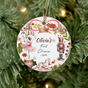 Adorno De Cerámica Primera Navidad bebé coqueta giratoria rosada