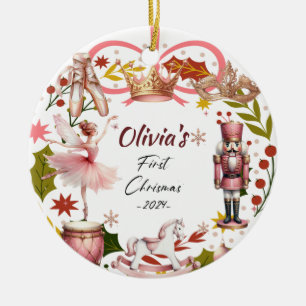 Adorno De Cerámica Primera Navidad bebé coqueta giratoria rosada