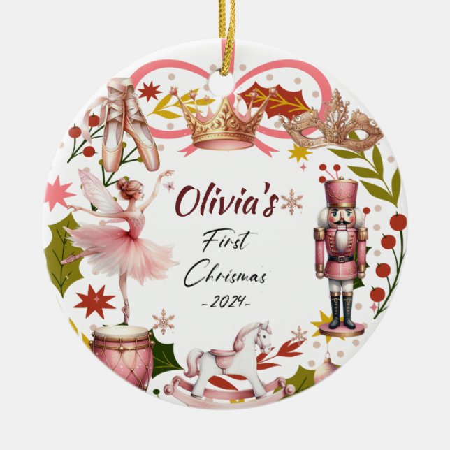 Adorno De Cerámica Primera Navidad bebé coqueta giratoria rosada (Frente)