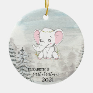 Adorno De Cerámica Primera Navidad Bebé Elefante Árbol de Pinos