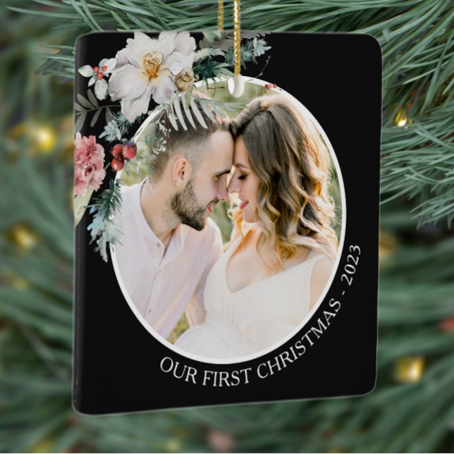 Adorno De Cerámica Primera Navidad Botánica Negra (Elegant Black Photo Holiday Christmas Ornament Watercolor Botanical Floral Berries)