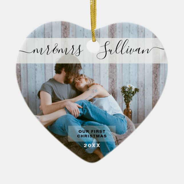 Adorno De Cerámica Primera Navidad casada como Sr. y Sra. PHOTO Heart (Frente)