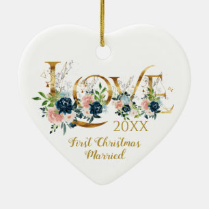 Adorno De Cerámica Primera Navidad Casada Elegante Típografía De Amor