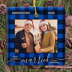 Adorno De Cerámica Primera Navidad Casado con Blue Plaid Fotografía 