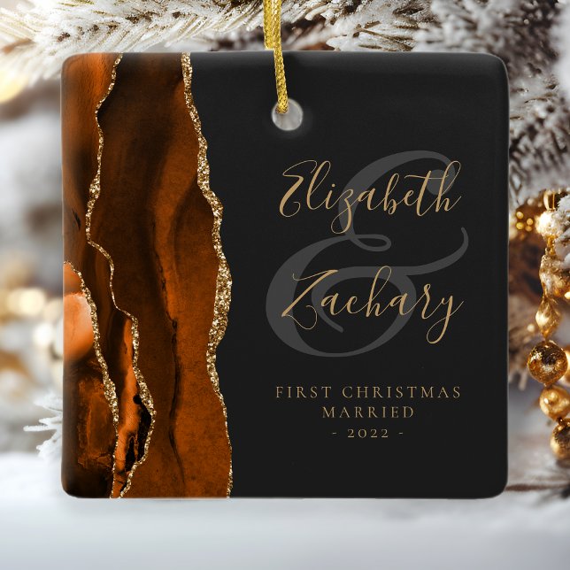 Adorno De Cerámica Primera Navidad Casado Naranja quemado Agate Gold (Subido por el creador)