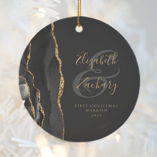 Adorno De Cerámica Primera Navidad Casados Amatista Negra Oro Script