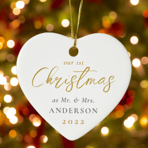 Adorno De Cerámica Primera Navidad Casados como Sr. Sra. Foto de Boda
