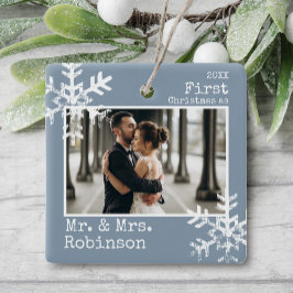 Adorno De Cerámica Primera Navidad Casados Foto Azul Polvoriento