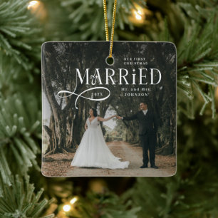 Adorno De Cerámica Primera Navidad Casados Foto de Pareja Sr. y Sra.