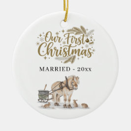 Adorno De Cerámica Primera Navidad Casados Foto Invierno Caballo