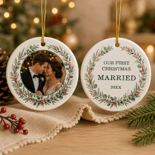 Adorno De Cerámica Primera Navidad Casados Foto Personalizada