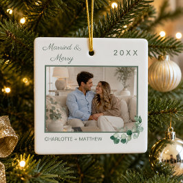 Adorno De Cerámica Primera Navidad casados foto vegetación blanca