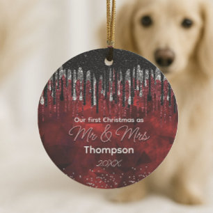 Adorno De Cerámica Primera Navidad casados negro rojo brillo gotas